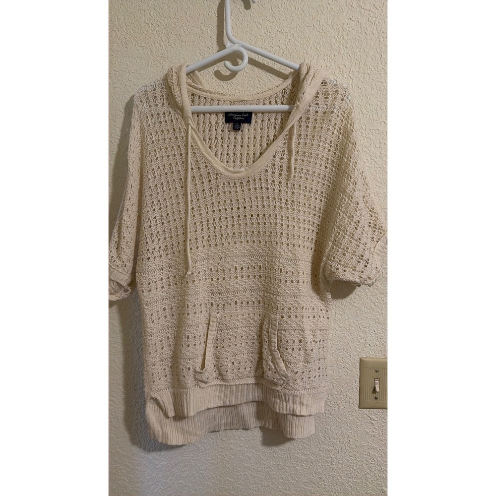 American Eagle Cream Open Knit Hoodie Sweater Short Sleeve Ramie Cotton Large